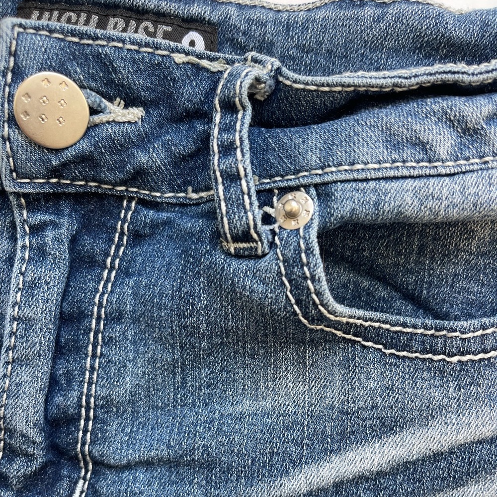 High Rise Blue Destressed Jean Shorts with Lacey Bottoms Cotton - Picture 3 of 4